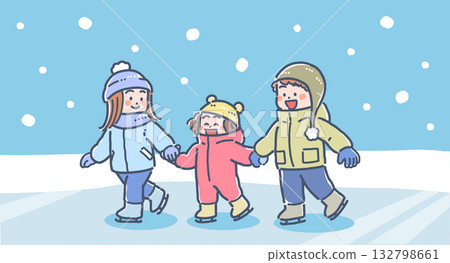 Illustration of a boy and girl ice skating in winter Illustration of a boy and girl ice skating in winter 132798661