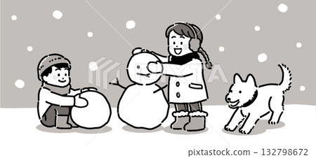 描繪兒童和狗在雪地裡玩耍的單色插圖 132798672