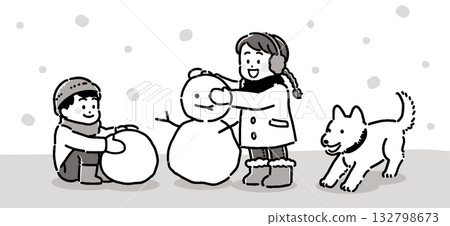 描繪兒童和狗在雪地裡玩耍的單色插圖 描繪兒童和狗在雪地裡玩耍的單色插圖 132798673