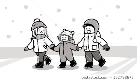 冬日里,一對男孩女孩在冰上滑冰的單色插圖 冬日里,一對男孩女孩在冰上滑冰的單色插圖 132798675