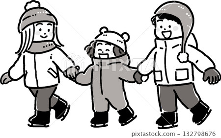 Monotone illustration of a boy and girl ice skating in winter 132798676
