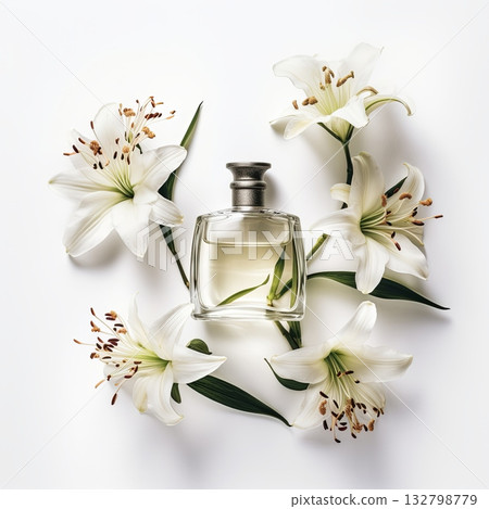 Elegant bottle of perfume surrounded by white lilies on white background Elegant bottle of perfume surrounded by white lilies on white background 132798779