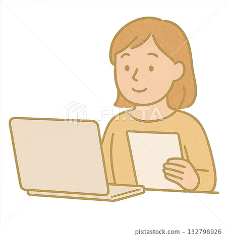插圖描繪了一位女性在電腦上查看文件的場景，她正在網路上查看文件，在家工作時也在查看文件。 132798926