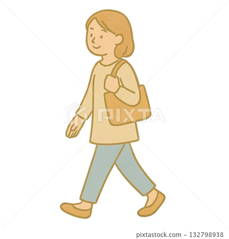 一位面帶平靜表情的女子行走的插圖，描繪了日常生活中身著自然服飾的場景，給人一種寧靜祥和的感覺。 132798938