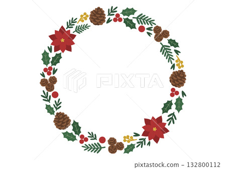 Vector illustration of a Christmas wreath accented with white poinsettias Vector illustration of a Christmas wreath accented with white poinsettias 132800112