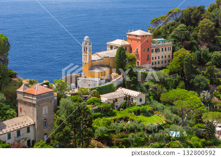 Church and villas in Portofino Italy 132800592