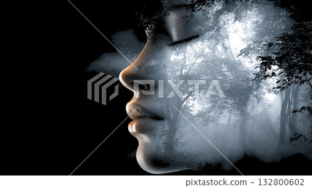 Meditating woman and forest 132800602