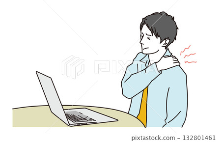 插畫素材：一名男子在電腦前工作時肩膀僵硬。 132801461