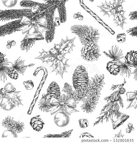 Christmas decorations and conifer trees with cones engraved hand drawn vector seamless pattern, mistletoe, candy cane 132801635