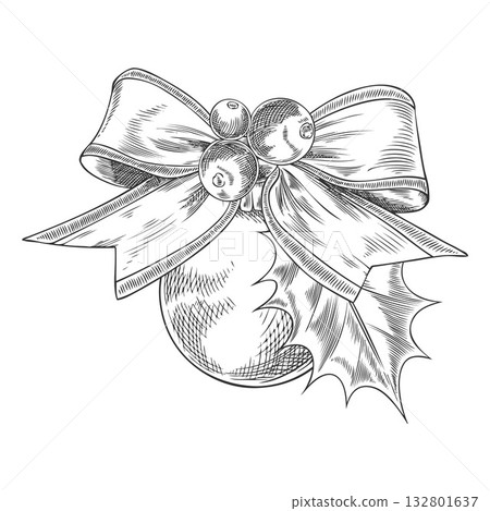 Christmas tree ball toy with bow, mistletoe engraved hand drawn vector, festive New Year and Christmas decoration Christmas tree ball toy with bow, mistletoe engraved hand drawn vector, festive New Year and Christmas decoration 132801637