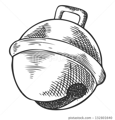 Christmas jingle bells round shape toy engraved hand drawn vector, festive happy New year and Christmas decoration 132801640