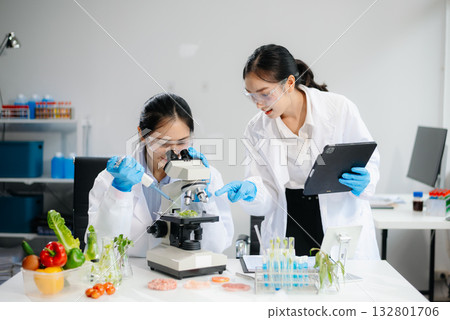 Two Asian scientists in a lab conducting food research using a microscope and lab equipment, showcasing innovation in food science Two Asian scientists in a lab conducting food research using a microscope and lab equipment, showcasing innovation in food science 132801706