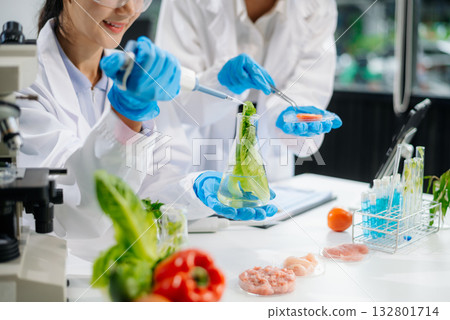 Food scientists in lab coats, testing samples, and analyzing food safety and quality Food scientists in lab coats, testing samples, and analyzing food safety and quality 132801714