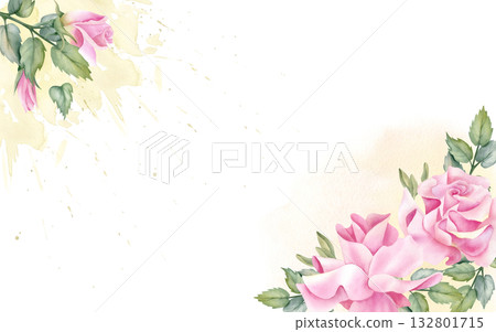 Spring floral template, frame, Pink rose, floral composition, leaves, light yellow watercolor splashes. Pastel botanical flower Illustration isolated from background for your design card, invitation 132801715