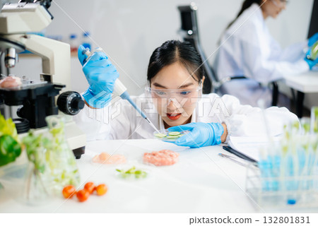 Food scientists in lab coats, testing samples, and analyzing food safety and quality 132801831