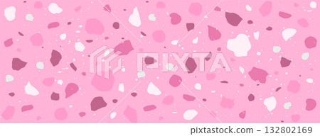 Speckle Terrazzo texture. Pattern with glass, marble and natural stone in pink colors. Minimalist background in venetian style. Vintage vector illustration Speckle Terrazzo texture. Pattern with glass, marble and natural stone in pink colors. Minimalist background in venetian style. Vintage vector illustration 132802169