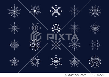 Snowflake set, white elegant silhouettes of silver snowflakes, winter crystal. Line ornament, sparkles festive design element. Trendy different shapes of snow,  132802200