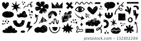 Crayon abstract organic element set. Hand drawn sketch doodle scribble brush geometric figure shape crayon texture background. Abstract arrow, circle, zigzag organic elements. Vector 132802289