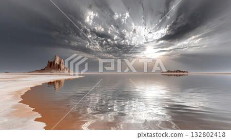 A fantastic view of clouds reflected on the lake surface 132802418