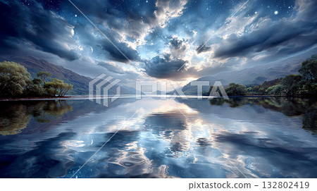 A fantastic view of clouds reflected on the lake surface 132802419