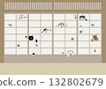 Seven cats peeking out from holes in a shoji screen 132802679