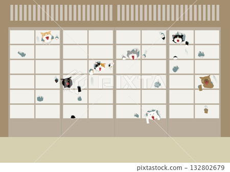 Seven cats peeking out from holes in a shoji screen 132802679