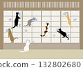 Seven cats looking outside through a hole in a shoji screen 132802680