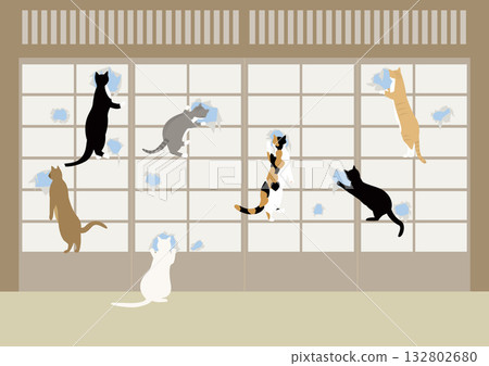 Seven cats looking outside through a hole in a shoji screen Seven cats looking outside through a hole in a shoji screen 132802680