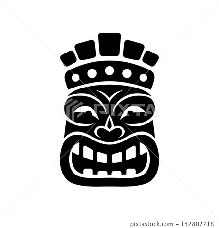 Black tiki mask with ornamental crown and wide grin. Polynesian tribal style vector face design for tattoos, cultural posters and tropical festival decorations Black tiki mask with ornamental crown and wide grin. Polynesian tribal style vector face design for tattoos, cultural posters and tropical festival decorations 132802718