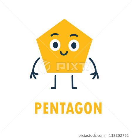 Yellow pentagon cartoon with smiling face, arms and legs. Fun geometric character illustration for preschool kids learning shapes 132802751