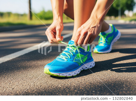 Close up runner tying running shoes background 132802840