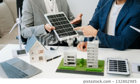 ESG concept of environmental, Green ethical business preserving resources, reducing CO2, Business person team working on laptop virtual smartphone ESG concept of environmental, Green ethical business preserving resources, reducing CO2, Business person team working on laptop virtual smartphone 132802985