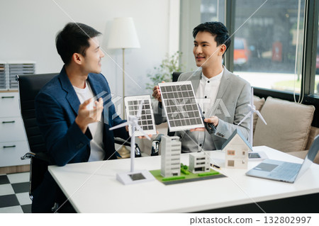 business team people planning and discussing on recycle reduce reuse policy symbol in office meeting room. Green business company business team people planning and discussing on recycle reduce reuse policy symbol in office meeting room. Green business company 132802997