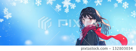 冬日的天空和一個戴著紅色圍巾的女孩的AI圖像 132803034