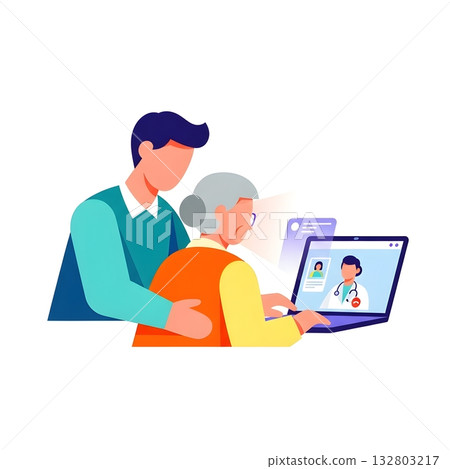 Family Assisting Elderly Telemedicine Call Family Assisting Elderly Telemedicine Call 132803217
