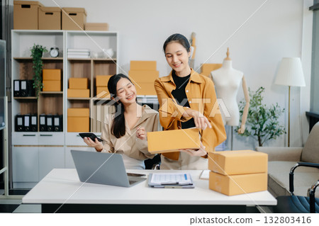 Starting small businesses SME owners, two check online orders Selling products working with boxs freelance work at home office Starting small businesses SME owners, two check online orders Selling products working with boxs freelance work at home office 132803416