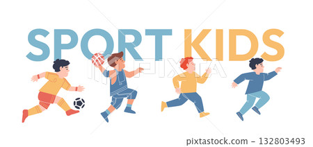 young boys actively playing sports soccer ball basketball and running large title SPORT KIDS childhood fitness exercise team games active healthy 132803493
