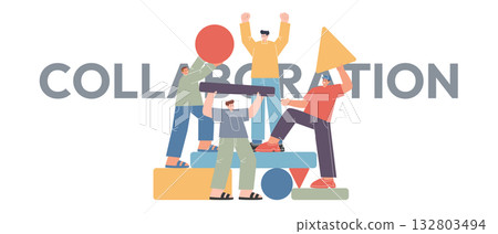 team of diverse people assembling shapes symbolizing teamwork collaboration synergy and problem solving title COLLABORATION working together to achieve goal 132803494