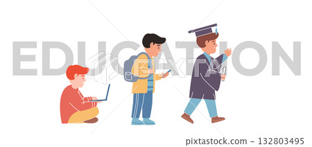 EDUCATION academic growth learning process vector illustration stages of education from child learning with laptop to student using smartphone and graduate in a cap EDUCATION academic growth learning process vector illustration stages of education from child learning with laptop to student using smartphone and graduate in a cap 132803495