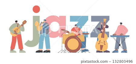 vector illustration of diverse jazz band ensemble playing various instruments including guitar saxophone drums double bass and keyboard music performance live concerts vector illustration of diverse jazz band ensemble playing various instruments including guitar saxophone drums double bass and keyboard music performance live concerts 132803496