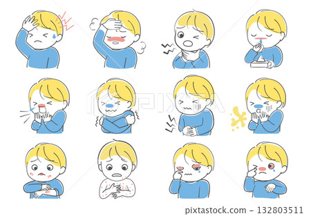 Illustration set of children suffering from various symptoms of infectious diseases and poor health Illustration set of children suffering from various symptoms of infectious diseases and poor health 132803511