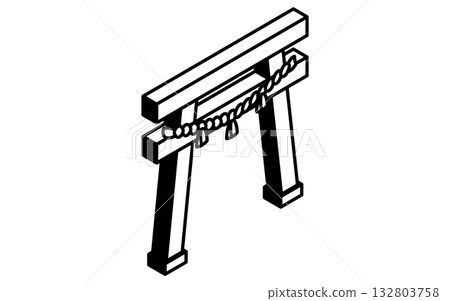 Event icon, simple isometric illustration of a shrine torii gate with a shimenawa rope, black and white 132803758