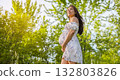 Pregnant woman holding showing belly baby bump smiling happy in 3rd trimester in spring forest nature. Asian expectant mom holding tummy. 132803826