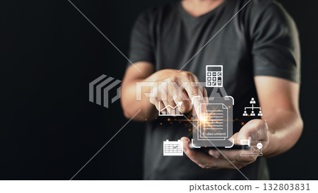 person interacts with a glowing e-document icon on a smartphone, surrounded by digital icons of charts, calendar, people, and calculator, symbolizing smart document management and workflow automation. person interacts with a glowing e-document icon on a smartphone, surrounded by digital icons of charts, calendar, people, and calculator, symbolizing smart document management and workflow automation. 132803831