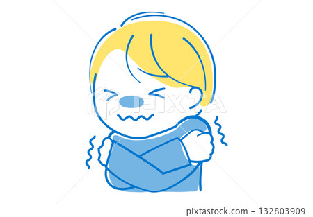 圖:一個孩子渾身發冷,揉搓著自己的身體 圖:一個孩子渾身發冷,揉搓著自己的身體 132803909
