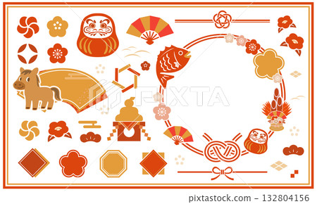 新年插畫集。可用於新年明信片和新年促銷活動的圖示集。 132804156
