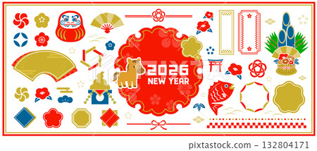 新年插畫集。可用於新年明信片和新年促銷活動的圖示集。 132804171