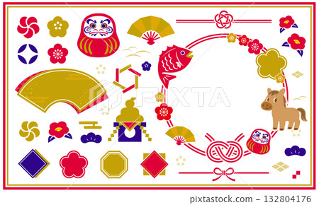 新年插畫集。可用於新年明信片和新年促銷活動的圖示集。 132804176
