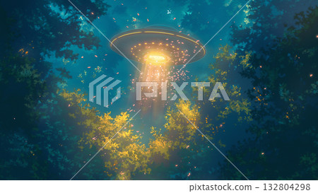 一群昆蟲在黑暗森林中圍繞著一個不明飛行物盤旋，動漫風格 132804298