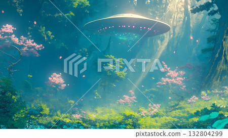 UFO in the spring forest, anime style UFO in the spring forest, anime style 132804299
